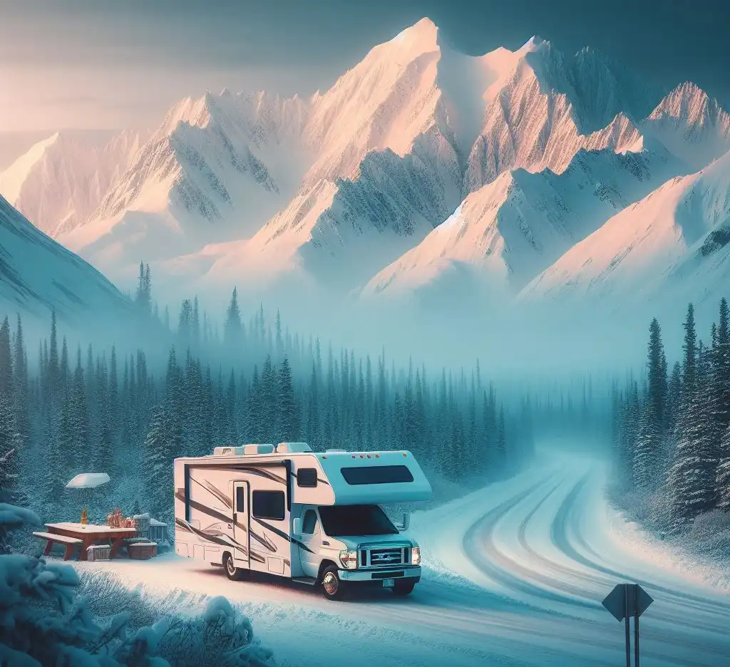 a rv parked near snow mountains